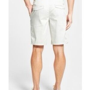HUGO BOSS luxury stretch cotton light khaki shorts with tan striped waistband